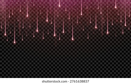 Realistic pink starfall isolated on transparent background. Stars, glitter, sparkles fireworks falling down. Festive celebration element. Vector illustration
