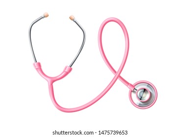 Realistic pink stethoscope. Symbol of breast cancer awareness, october female hope symbol. Clinic diagnostic instrument. Vector medical tool for cardiology disease diagnosis.