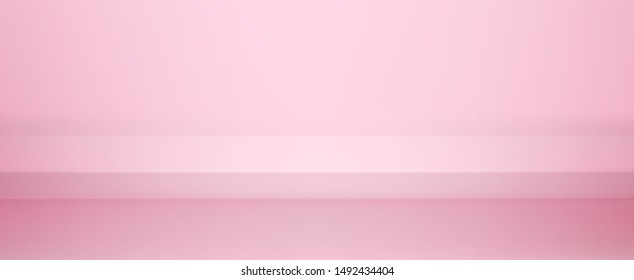 Realistic pink studio wall, minimal 3d shelf. Colorful floor, horizontal realistic empty red shelf in vector background.