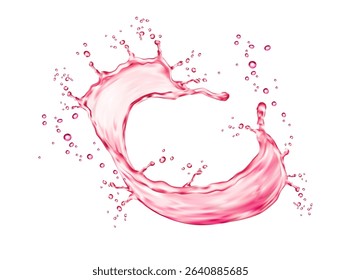 Realistic pink swirl splash with drops. Vitamin juicy drink, berry wine, pink water whirl3d vector fizz. Fruit juice realistic ripples AND droplets