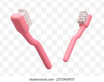 Realistic pink toothbrush, front and back view. Vector object in cartoon style. Maintaining oral hygiene. Accessory for brushing teeth. Child health care
