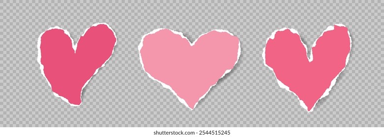 Realistic Pink torn Paper Hearts icon set. Ripped edge effect Heart shapes. Scraps love symbol icons. Romantic Design Element for Collage, social media, poster, card, invitation. Vector illustration