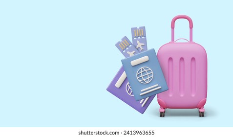 Realistic pink trolley bag, different passports with air tickets. Concept of travel abroad by plane. Vector illustration in 3d cartoon style with blue background and place for text