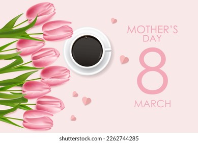 Realistische rosafarbene Tulpen, hallo spring, Women day, 8 march schöne Blumen, Frühlingskarte, Vektorgrafik, Verkaufsbanner, floraler Hintergrund