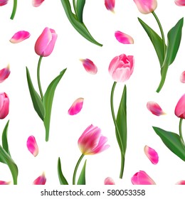 Realistic pink tulips and petal vector seamless pattern. Repeating surface pattern with beautiful realistic vector tulips for all web and print purposes. Watercolor imitation. Not trace.