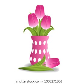 Realistic pink tulips in vase isolated on white background. Boucket of tulips. Vector Illustration for Your Design.
