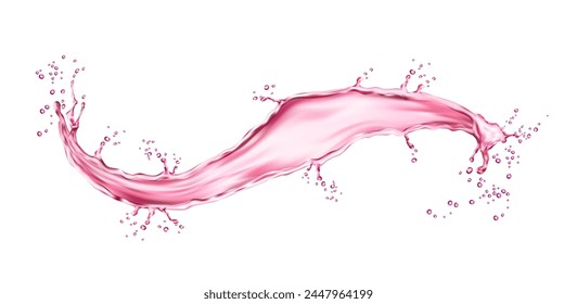 Realistic pink water flow splash. Fresh vitamin drink, grapes wine, berry or fruit juice falling realistic vector splatters frozen motion. Pink water swirl isolated 3d droplets or splay fizz