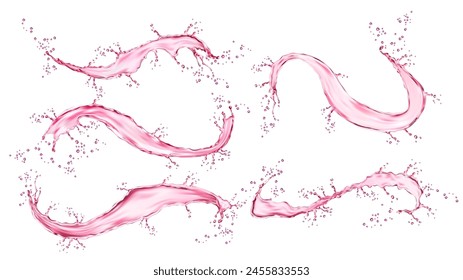 Realistic pink water splash and flow swirl. Vivid dynamic waves and mesmerizing jets isolated 3d vector set. Liquid wine or juice evoking a sense of fluidity and vibrant energy in a visual spectacle