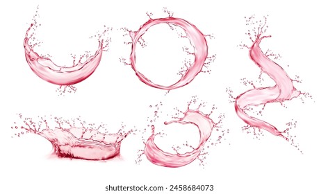 Realistic pink water splash with wave, corona, swirl and round flow. Vector 3d fruit juice, berry drink, wine, cocktail or syrup splashes set with drops and bubbles, food and cosmetics advertising