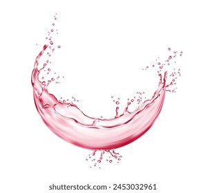 Realistic pink water wave flow splash with drops. 3d round swirl splash of vector pink liquid, fruit juice, berry drink and rose water, fruity syrup, wine and cocktail, cosmetics, food and beverages