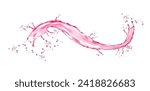 Realistic pink water wave splash, isolated 3d vector juice or wine flow or swirl with drops. Liquid alcohol or refreshing drink splashing, transparent beverage dynamic motion with spray droplets