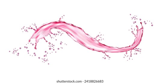 Realistic pink water wave splash, isolated 3d vector juice or wine flow or swirl with drops. Liquid alcohol or refreshing drink splashing, transparent beverage dynamic motion with spray droplets