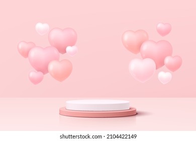 Podio peatonal del cilindro 3D de color rosa y blanco realista con forma de corazón de globos flotantes. Escena mínima de San Valentín para el escaparate de productos, pantalla de promoción. Diseño de plataforma de sala de estudio abstracta de vectores