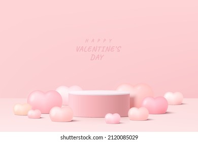 Realistic Pink And White 3D Cylinder Pedestal Podium With Heart Balloon Shapes. Valentine Minimal Wall Scene For Products Showcase, Stage Promotion Display. Vector Abstract Studio Room Platform Design