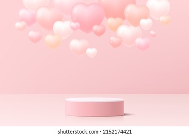 Realistic pink and white 3D cylinder pedestal podium with floating heart balloon shapes. Valentine minimal scene for products showcase, Stage promotion display. Vector abstract room, Geometric forms.