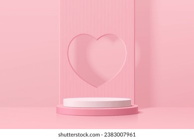 Podio peatonal del cilindro 3D rosa y blanco realista con fondo de forma de corazón de ventana. Escena mínima de San Valentín para el escaparate de productos, pantalla de promoción. Diseño de plataforma de estudio abstracto de vectores.