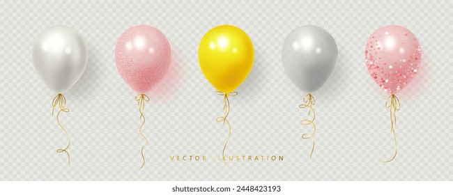 Realistic pink, white, yellow, and transparent grey balloons. Glossy realistic 3d balloons for Birthday party. Vector illustration, Isolated on a transparent background