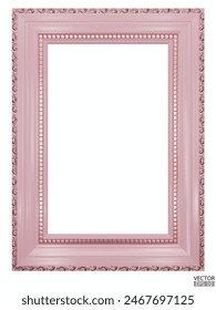 Realistic pink wooden vintage frame isolated on white background.  Rectangle frames mockup. Classic Photo wooden frame. Pink border for painting, poster, and photo gallery. 3d vector illustration.