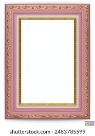 Realistic pink wooden vintage frame isolated on white background.  Rectangle frames mockup. Classic Photo wooden frame. Pink border for painting, poster, and photo gallery. 3d vector illustration.