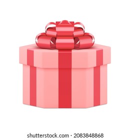 Realistic pink wrapped gift box decorated by red metallic bow ribbon vector illustration. Cute festive holiday surprise closed cardboard package