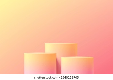 Realistic pink and yellow 3D cylindrical podium set background pastel wall scene. Minimalist mockup pedestal or abstract cosmetic product display presentation, Stage showcase. Platforms vector design.