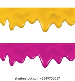 Realistic pink, yellow drip cream drops, marmalade, jelly, slime or yogurt border. Flowing melted ice cream, glaze or honey texture. Dripping melted orange, blueberry or dragon fruit jam. Vector.
