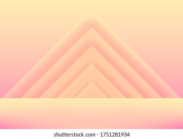 Realistic pink and yellow studio wall, Empty room interior in minimal triangle geometric shapes 3d.