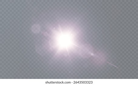 Lumière rose-violet réaliste éclatée de rayons et de lumières douces sur fond transparent. Effet de lumière avec diffusion de lumière vive pour le design et les illustrations.