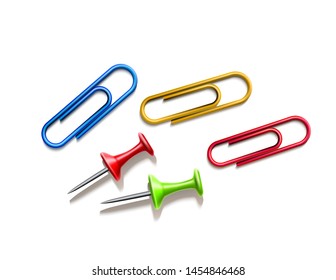 Realistic pins and paper clips set. Colored office supplies, stationery elements. Vector red, blue green attach collection. 3d reminder and memo objects.