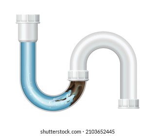 Realistic pipe with clogged drain in canalization. Cleaning clogged piping waterway, clog waste blocked plastic siphon isolated on white background. Template realistic 3d vector illustration