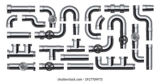 Realistic pipes. Water tube pipelines with valves, joints and connections, plumbing factory steel glossy metallic disassembled elements collection. Vector 3D metal industrial conduit construction