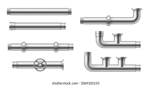 Realistische Rohre. Wasserrohrleitungen mit Ventilen, Gelenken und Verbindungen, Klempnerwerkskörper aus glänzendem Stahl-Metall-Kollektion. 3D-Vektorgrafik