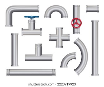 Realistic pipes. Water tube pipelines with valves, joints and connections. Vector 3D metal constructions on white