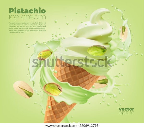 Realistic Pistachio Ice Cream Cone Splash Stock Vector Royalty Free 2206913793 Shutterstock 