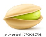 Realistic pistachio with shadow in 3d style. Roasted pistachios in shell isolated on white background. Natural organic food. Design element for nuts packaging, advertising, etc. Vector illustration.