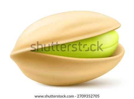 Realistic pistachio with shadow in 3d style. Roasted pistachios in shell isolated on white background. Natural organic food. Design element for nuts packaging, advertising, etc. Vector illustration.