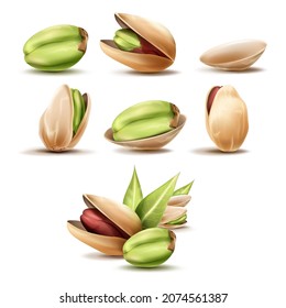 Realistic pistachios. 3D pistachio nut, ripe pistache with leaf, raw natural food, kernel etc natural nuts, vegetarian cooking, vector illustration. Pistachio shell nutrition, nutshell and kernel