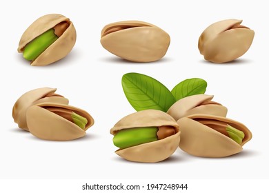 Realistic pistachios in 3d style. Roasted pistachios in shell isolated on white background. Natural organic food. Design element for nuts packaging, advertising, etc. Vector illustration.