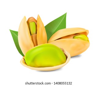 Realistic pistachios with leaf isolated on white background. Vector illustration. Ready for your design. EPS10.