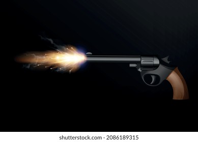 Realistic pistol shot flash with fire sparkles and smoke on black background vector illustration