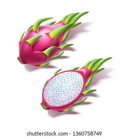 Realistic pitahaya, exotic dragonfruit 3d object. Juicy pink fruit, sweet pitaya whole and half. Thailand summer fresh dessert with seeds. Tropical food full of vitamins for package vector design