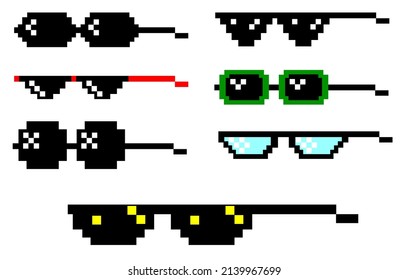 Realistic Pixel glasses set. Pixel sunglasses 

set isolated on a white background. Modern 

style Eyeglasses and sunglasses.
