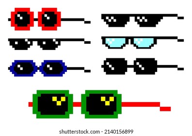 Gafas Pixel realistas. Gafas de sol de píxeles 

aislado en un fondo blanco. Moderno 

gafas de sol y anteojos de estilo.
