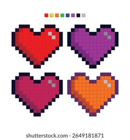 Realistic Pixel Style Brick blocks Heart Icons in Red Purple Pink and Orange Colors for Game UI Love Symbol or Digital Art Assets