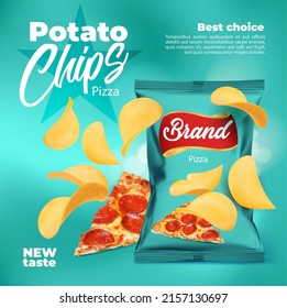 Realistic pizza flavored potato chips snack food package. 3d vector poster with crunchy ripple yellow chips, pizza slice and green foil bag. Delicious crisp meal ads promotion with chips in pack