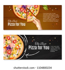Realistic pizza on chalk board and hand with piece of italian dish, horizontal banners isolated vector illustration