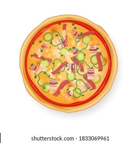 Realistic pizza on white background. Traditional italian food meat pizza with chicken and pork. Restaurant and homemade food vector illustration