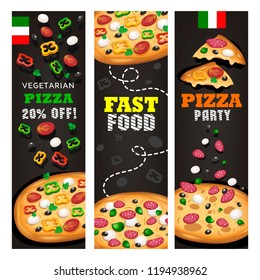 Realistic Pizza Pizzeria flyer vector background. Three vertical Pizza banners with ingredients and text on modern black and dark gray background.