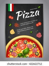 Realistic Pizza Pizzeria flyer vector background. Vertical Italian Pizza poster with ingredients and text on blackboard