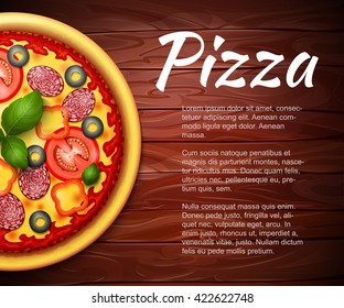 realistic Pizza recipe or menu vector background. Pizza with tomatoes and pepperoni on wooden table with copy space aside